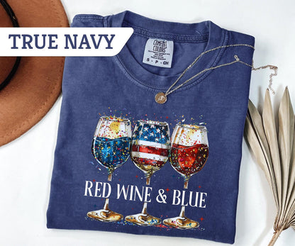 Comfort Colors® Red Wine and Blue T-Shirt, 4th Of July Wine Tshirt, American Wine Glass, Wine T-Shirt, Wine Lover Tee, USA Day Shirt