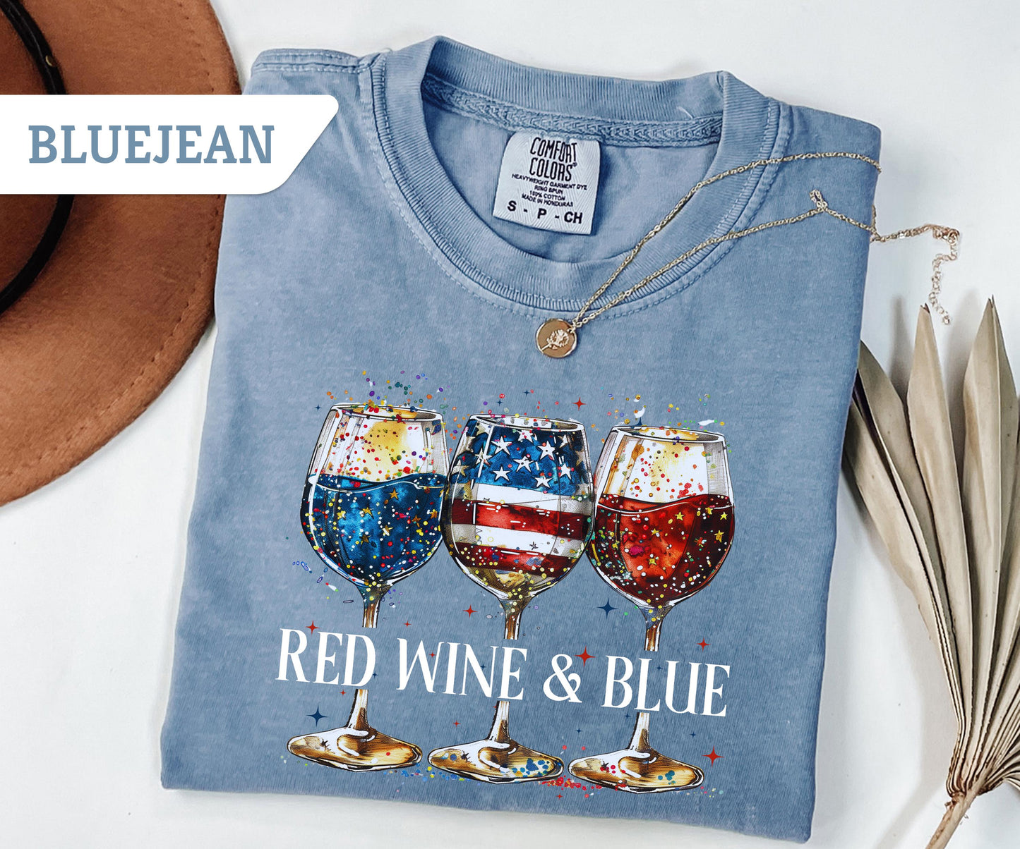 Comfort Colors® Red Wine and Blue T-Shirt, 4th Of July Wine Tshirt, American Wine Glass, Wine T-Shirt, Wine Lover Tee, USA Day Shirt