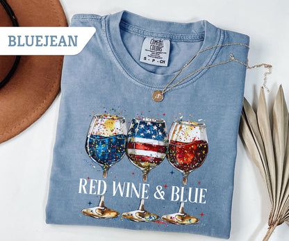 Comfort Colors® Red Wine and Blue T-Shirt, 4th Of July Wine Tshirt, American Wine Glass, Wine T-Shirt, Wine Lover Tee, USA Day Shirt