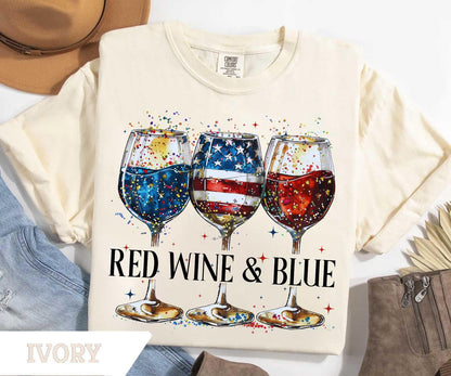 Comfort Colors® Red Wine and Blue T-Shirt, 4th Of July Wine Tshirt, American Wine Glass, Wine T-Shirt, Wine Lover Tee, USA Day Shirt