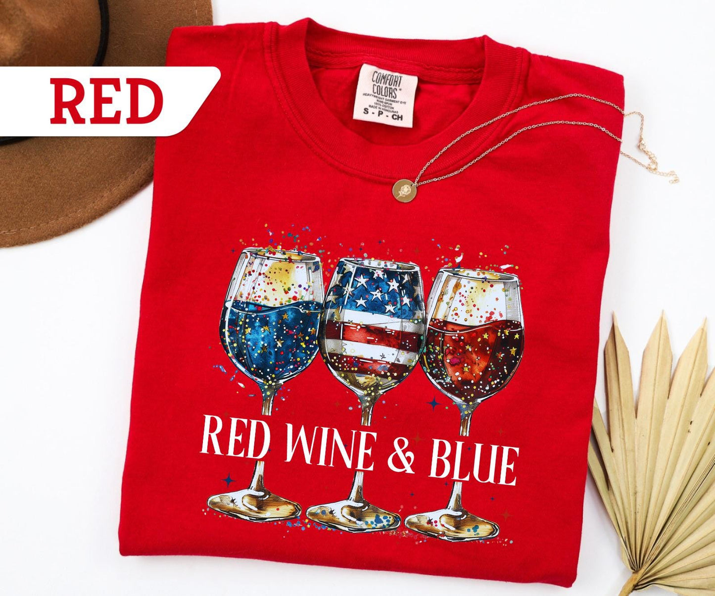 Comfort Colors® Red Wine and Blue T-Shirt, 4th Of July Wine Tshirt, American Wine Glass, Wine T-Shirt, Wine Lover Tee, USA Day Shirt