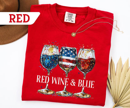 Comfort Colors® Red Wine and Blue T-Shirt, 4th Of July Wine Tshirt, American Wine Glass, Wine T-Shirt, Wine Lover Tee, USA Day Shirt