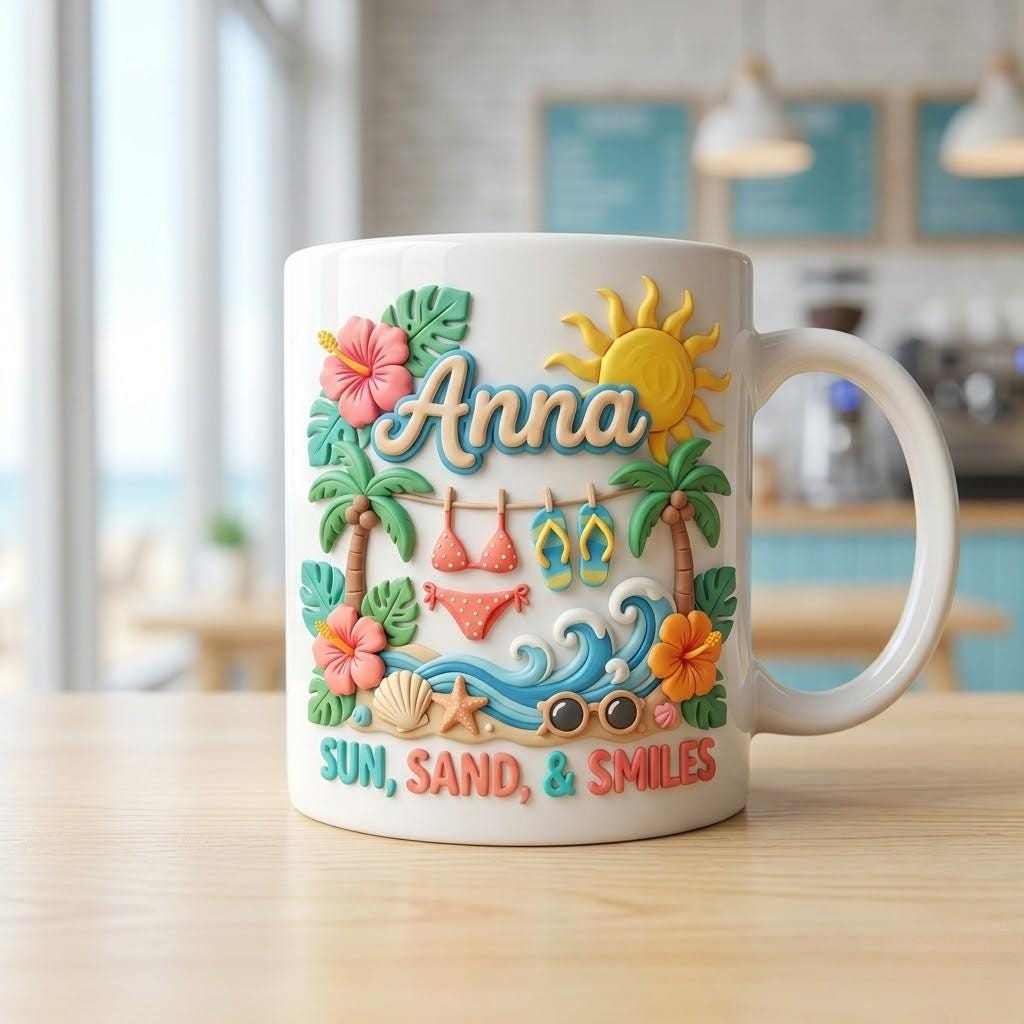 Personalized Summer Beach Ceramic Mug, Custom Sun Sand Smiles Cup, Tropical Vacation Gift