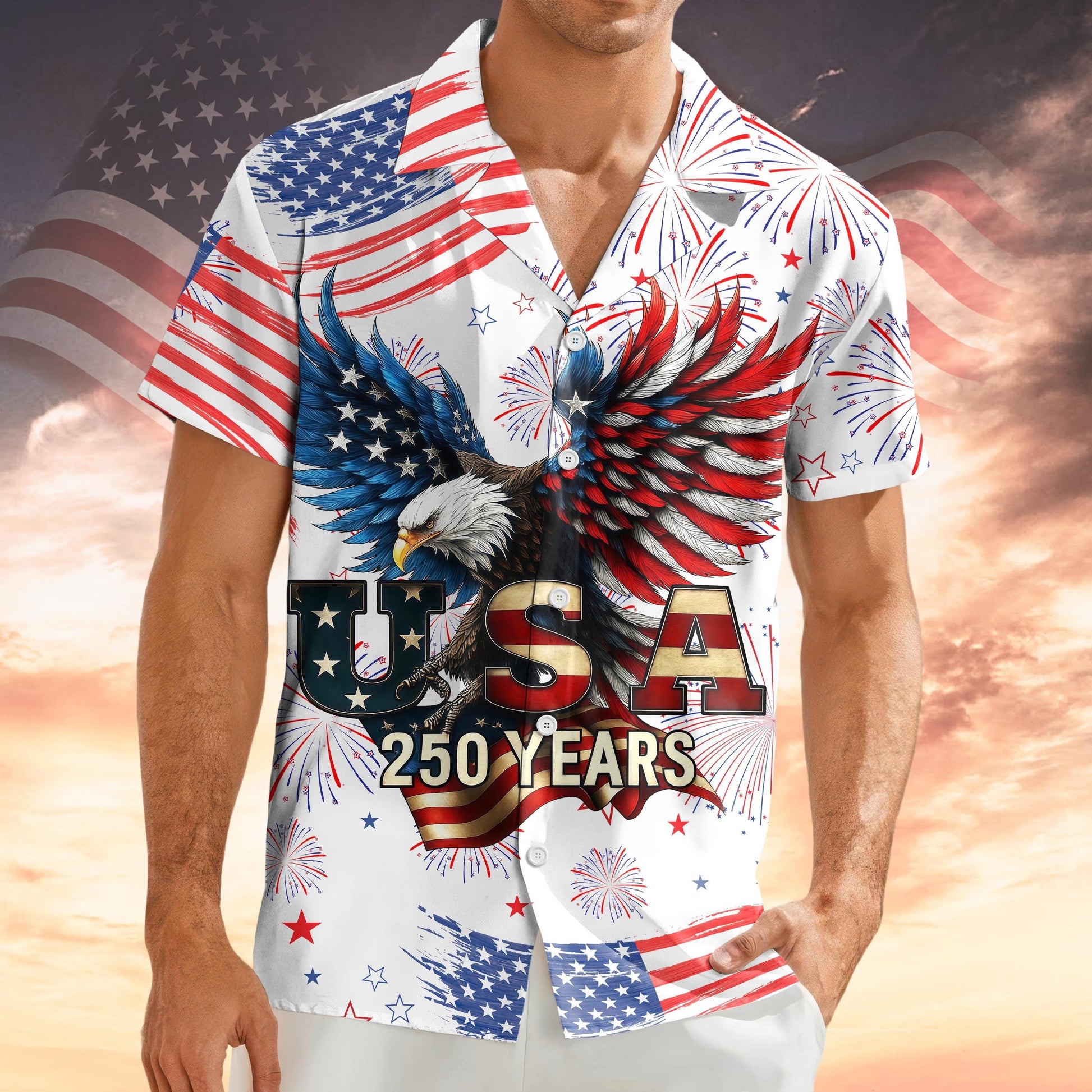 USA 250 Years Hawaiian Shirt, Patriotic Eagle Aloha Shirt, American Flag Fireworks Shirt, 1776 2026 Independence Shirt
