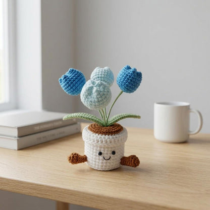 Crochet Tulip Flowers in Pot,Knit Rose,Plant Pot Gifts for Birthday,Anniversary,Congratulations Gifts,Office Desktop,Room Decoration