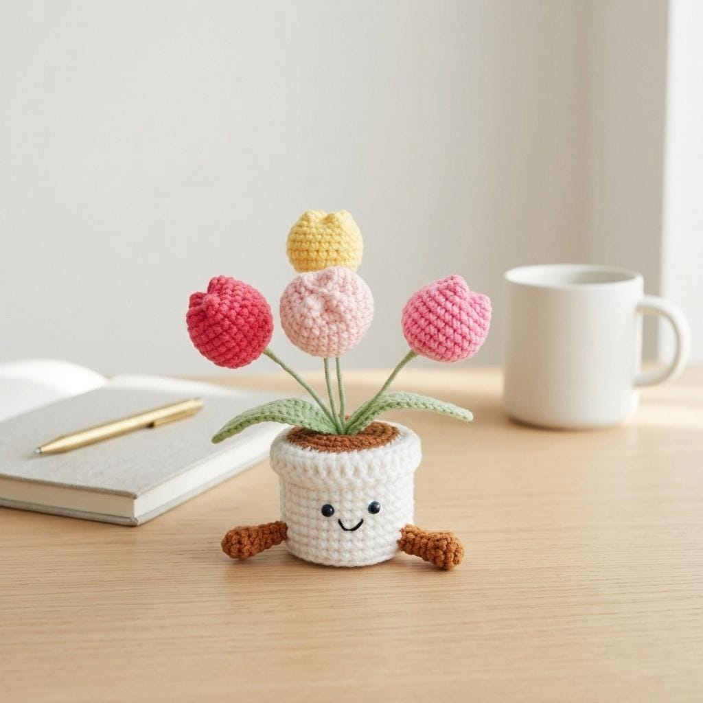 Crochet Tulip Flowers in Pot,Knit Rose,Plant Pot Gifts for Birthday,Anniversary,Congratulations Gifts,Office Desktop,Room Decoration