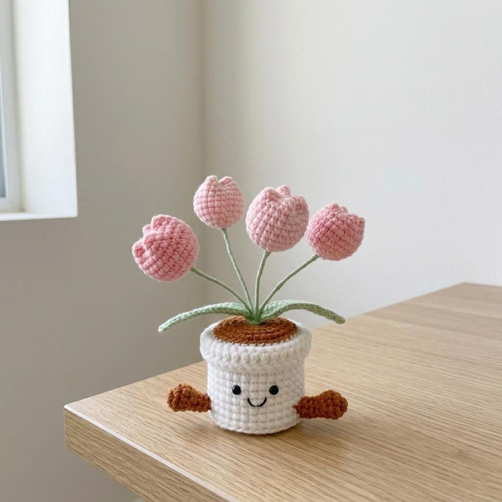 Crochet Tulip Flowers in Pot,Knit Rose,Plant Pot Gifts for Birthday,Anniversary,Congratulations Gifts,Office Desktop,Room Decoration