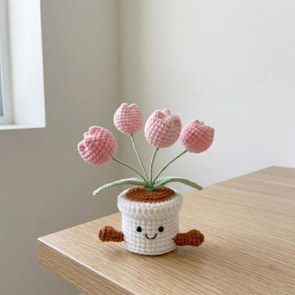 Crochet Tulip Flowers in Pot,Knit Rose,Plant Pot Gifts for Birthday,Anniversary,Congratulations Gifts,Office Desktop,Room Decoration