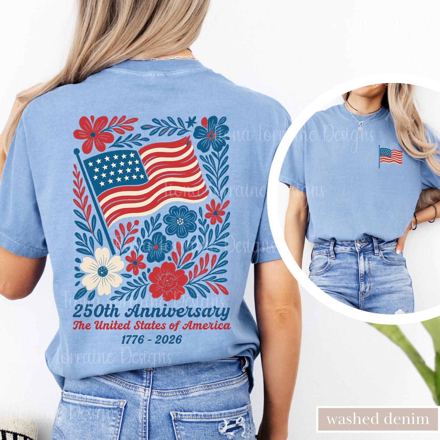 Comfort Colors USA 250th Anniversary Shirt 4th Of July Back Graphic Tee Boho Floral America T-Shirt American Flag 250 Independence Day Gift
