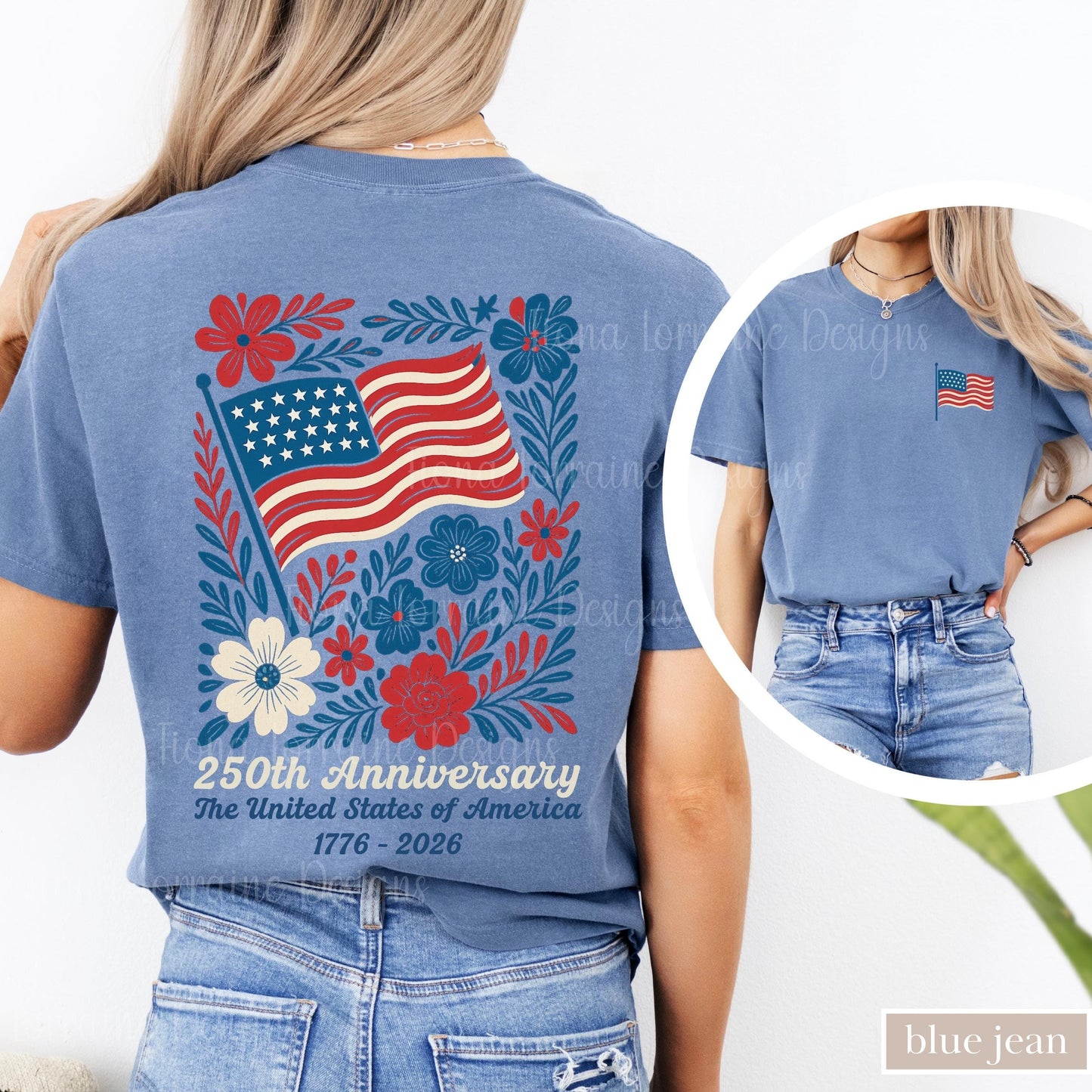 Comfort Colors USA 250th Anniversary Shirt 4th Of July Back Graphic Tee Boho Floral America T-Shirt American Flag 250 Independence Day Gift