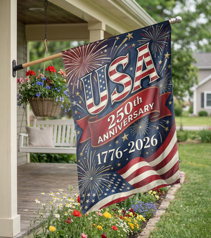 USA 250th Anniversary Garden Flag, 1776-2026 Patriotic Outdoor Decor, American Semiquincentennial Yard Banner, Fireworks & Flag Design