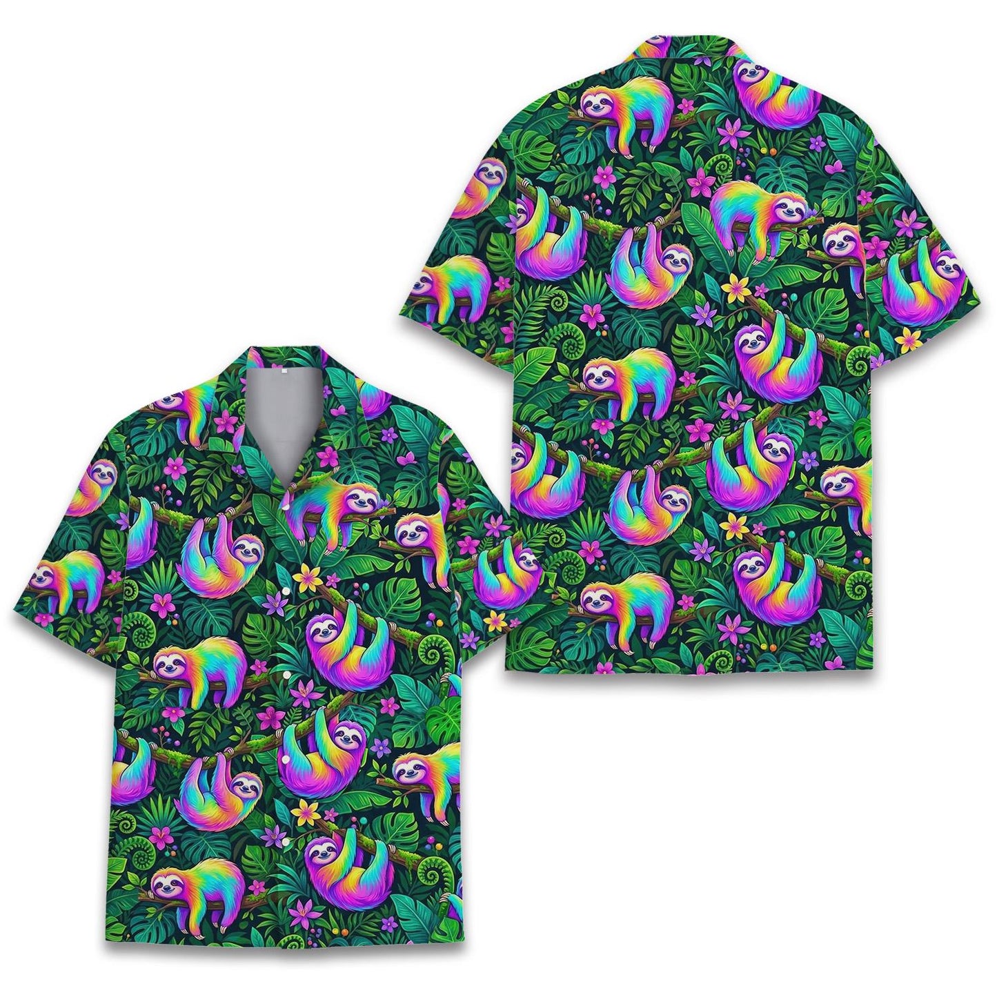 Cute Sloth Hawaiian Shirt for Men Women Youth, Rainbow Animal Jungle Aloha Button Up Shirt, Funny Tropical Vacation Outfit