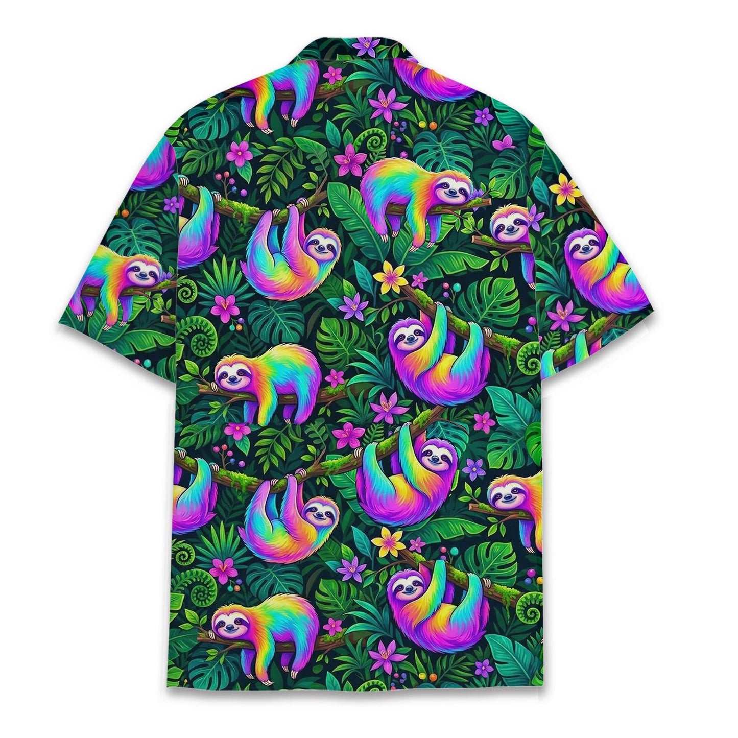 Cute Sloth Hawaiian Shirt for Men Women Youth, Rainbow Animal Jungle Aloha Button Up Shirt, Funny Tropical Vacation Outfit