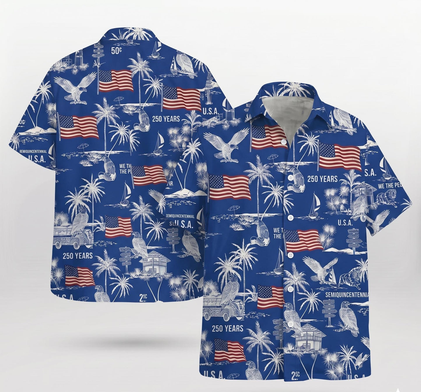USA Semi-Quincentennial Hawaiian Shirt - 250th Anniversary - Patriotic Bald Eagles and American Flags