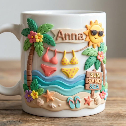 Personalized Summer Beach Ceramic Mug, Custom Sun Sand Smiles Cup, Tropical Vacation Gift