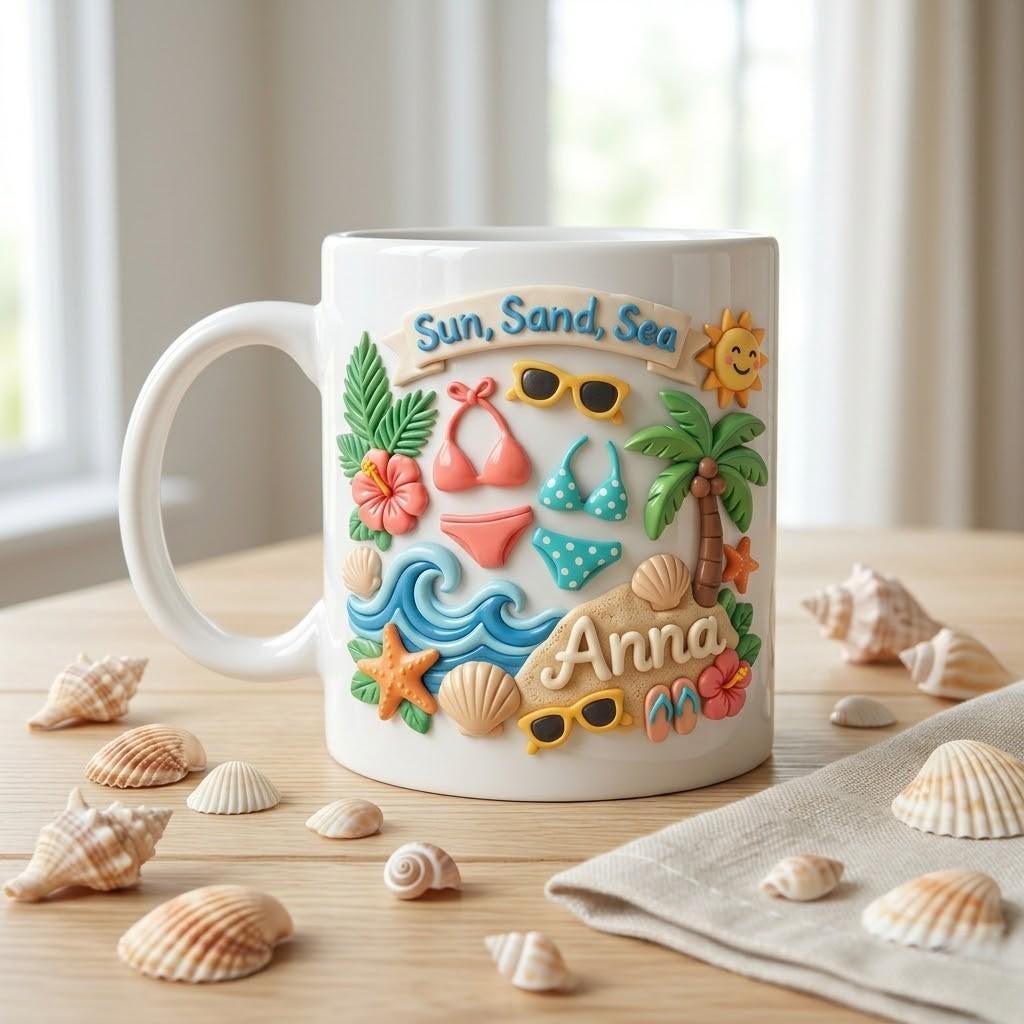 Personalized Summer Beach Ceramic Mug, Custom Sun Sand Smiles Cup, Tropical Vacation Gift