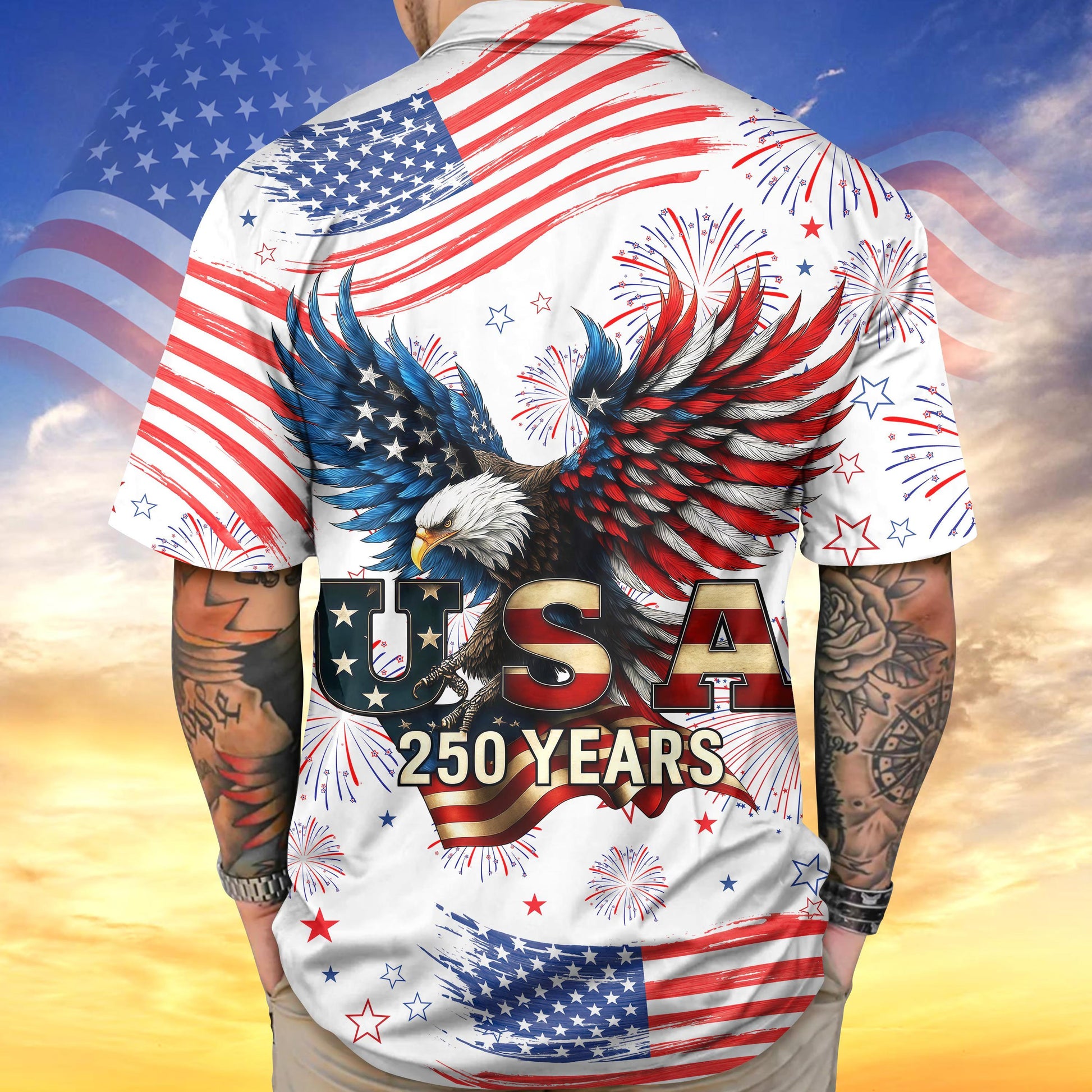USA 250 Years Hawaiian Shirt, Patriotic Eagle Aloha Shirt, American Flag Fireworks Shirt, 1776 2026 Independence Shirt