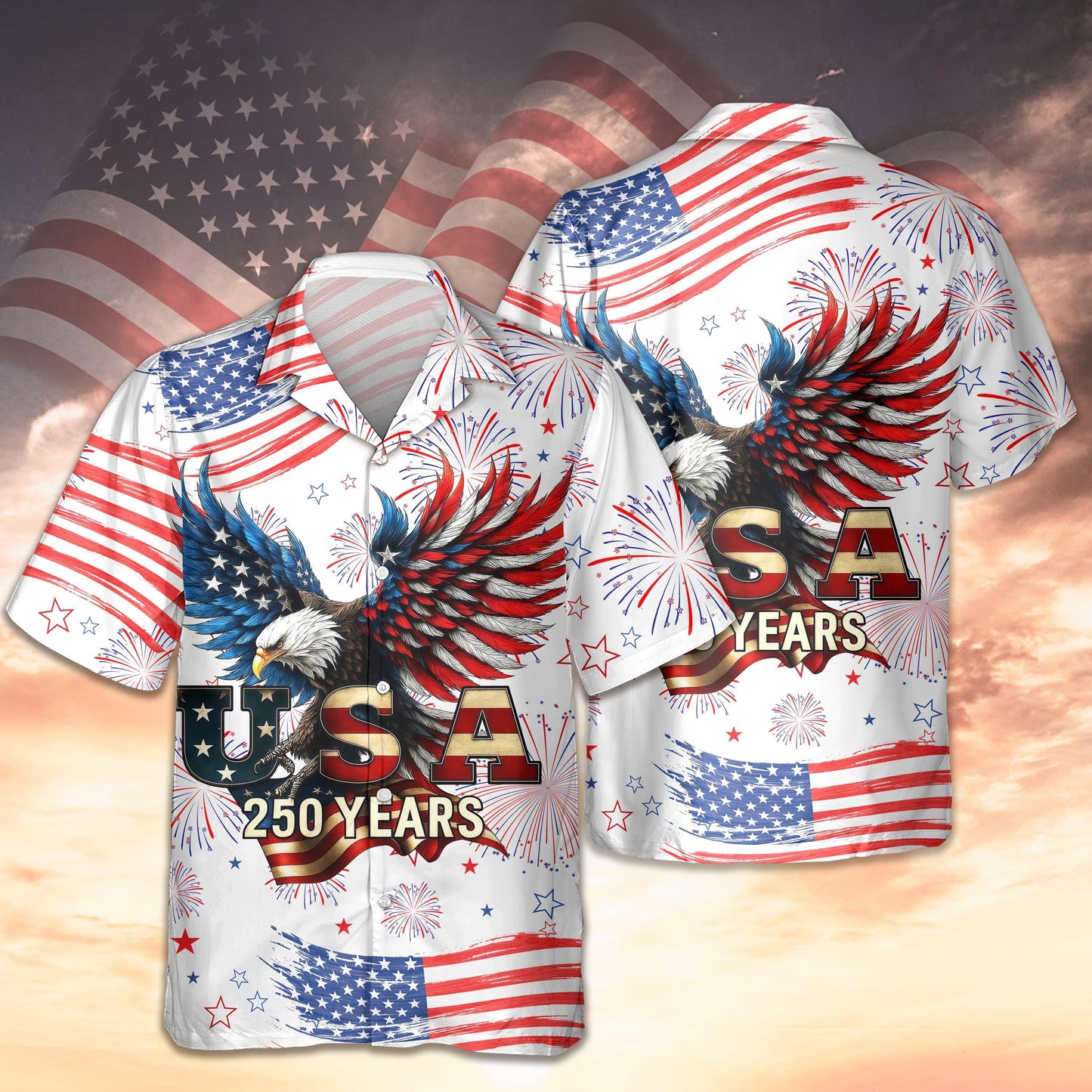 USA 250 Years Hawaiian Shirt, Patriotic Eagle Aloha Shirt, American Flag Fireworks Shirt, 1776 2026 Independence Shirt