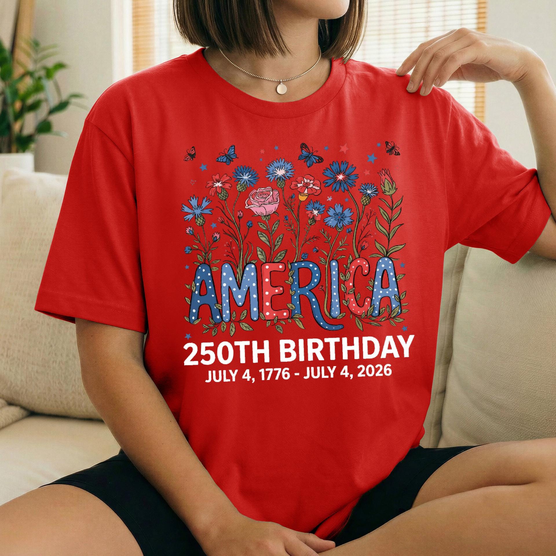 Flower USA Shirt, 250th Anniversary Shirt, 4th of July Gift, Independence Day T-Shirt, Patriotic USA Shirt, America Floral Birthday Tee