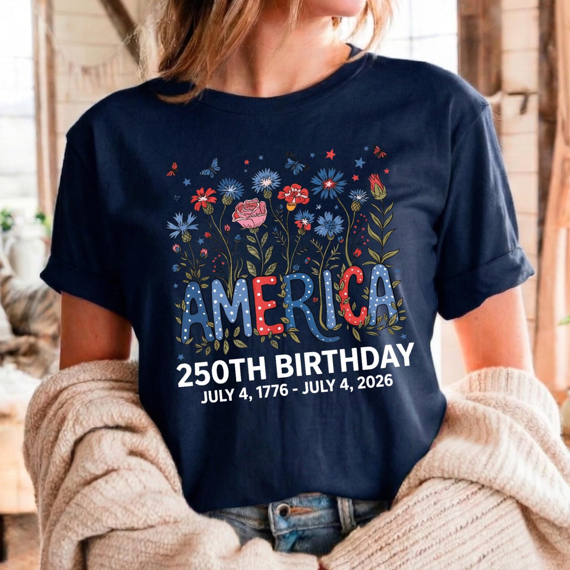 Flower USA Shirt, 250th Anniversary Shirt, 4th of July Gift, Independence Day T-Shirt, Patriotic USA Shirt, America Floral Birthday Tee