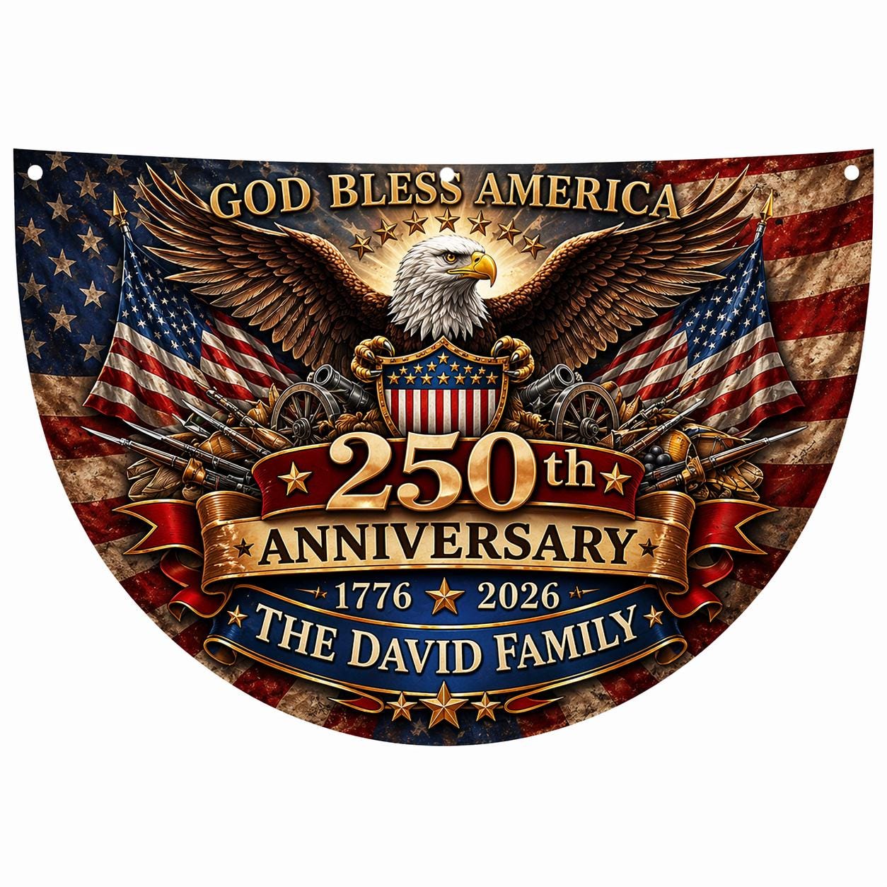 Personalized USA 250th Anniversary Bunting Flag 1776-2026, Custom Family Name Patriotic America Bunting, Non-Pleated Fan Flag for Porch