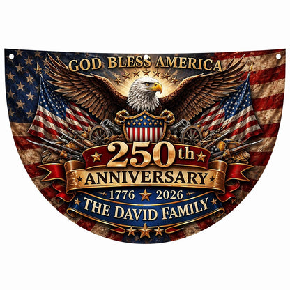 Personalized USA 250th Anniversary Bunting Flag 1776-2026, Custom Family Name Patriotic America Bunting, Non-Pleated Fan Flag for Porch