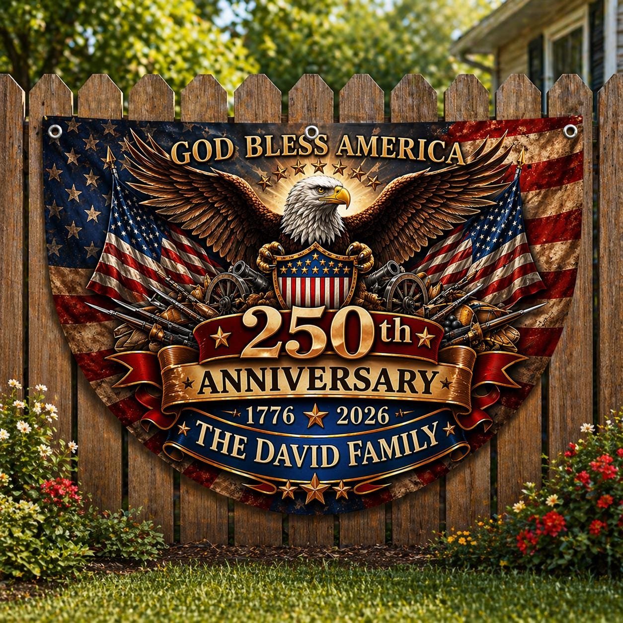 Personalized USA 250th Anniversary Bunting Flag 1776-2026, Custom Family Name Patriotic America Bunting, Non-Pleated Fan Flag for Porch