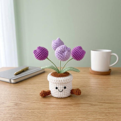 Crochet Tulip Flowers in Pot,Knit Rose,Plant Pot Gifts for Birthday,Anniversary,Congratulations Gifts,Office Desktop,Room Decoration