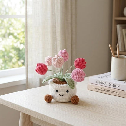 Crochet Tulip Flowers in Pot,Knit Rose,Plant Pot Gifts for Birthday,Anniversary,Congratulations Gifts,Office Desktop,Room Decoration