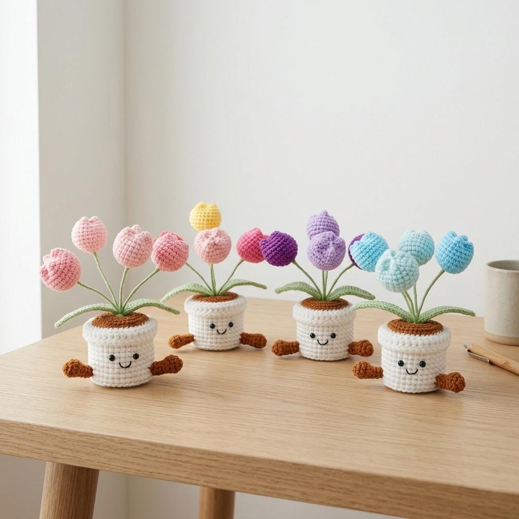 Crochet Tulip Flowers in Pot,Knit Rose,Plant Pot Gifts for Birthday,Anniversary,Congratulations Gifts,Office Desktop,Room Decoration