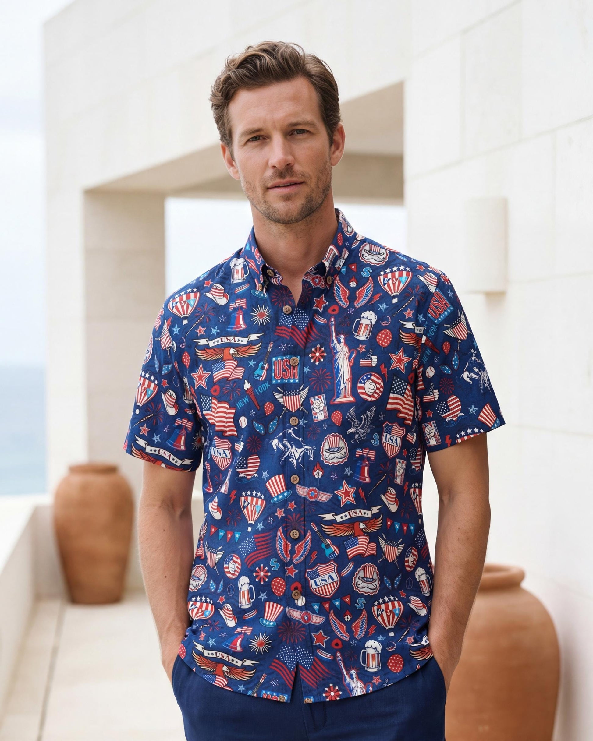 America 250 Hawaiian Shirt Men 1776-2026 | Patriotic Button Down 100% Cotton Aloha Liberty Blue USA Celebration