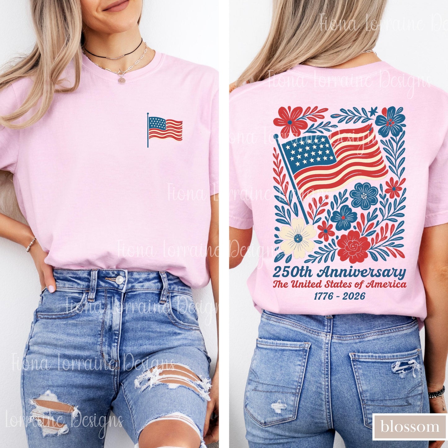 Comfort Colors USA 250th Anniversary Shirt 4th Of July Back Graphic Tee Boho Floral America T-Shirt American Flag 250 Independence Day Gift