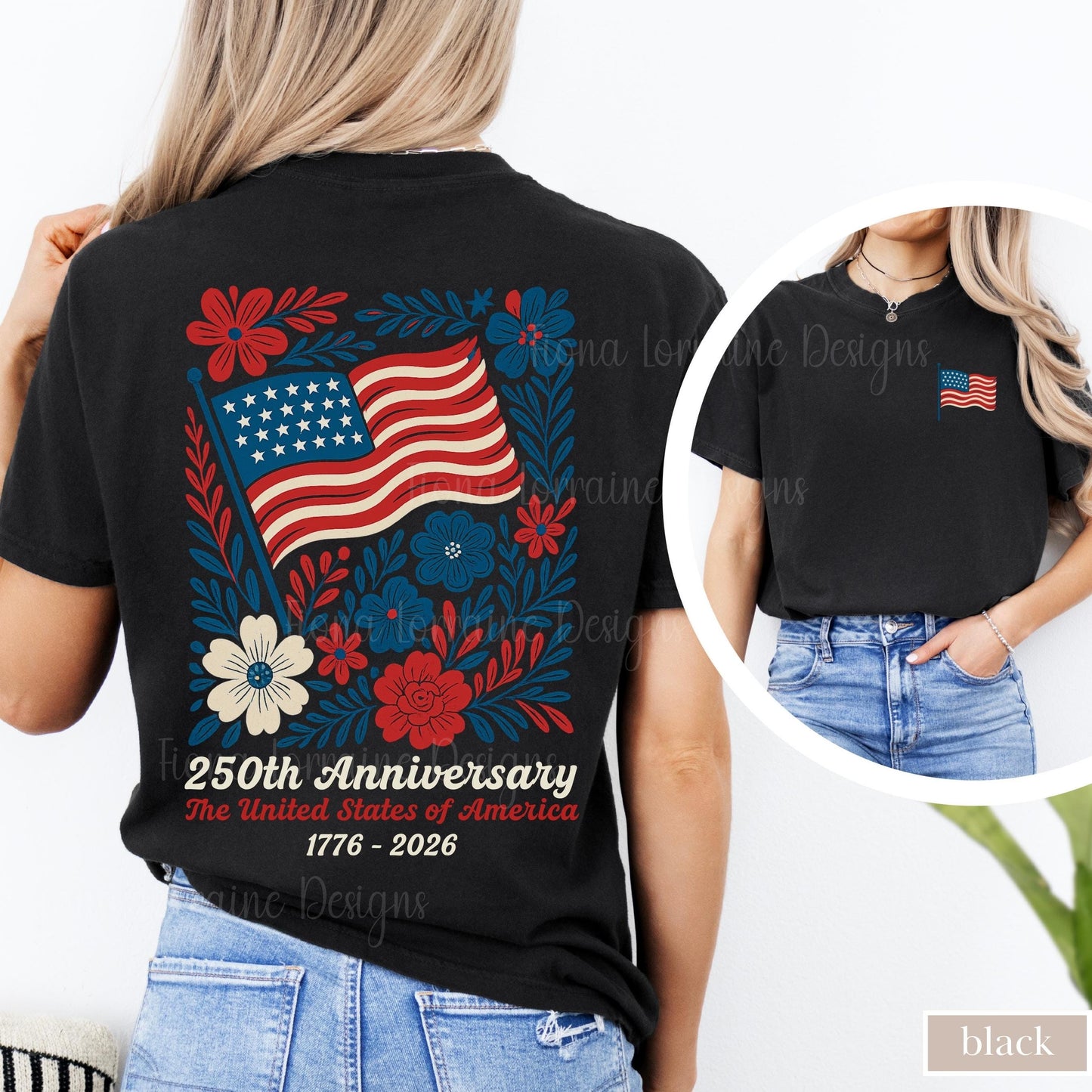 Comfort Colors USA 250th Anniversary Shirt 4th Of July Back Graphic Tee Boho Floral America T-Shirt American Flag 250 Independence Day Gift