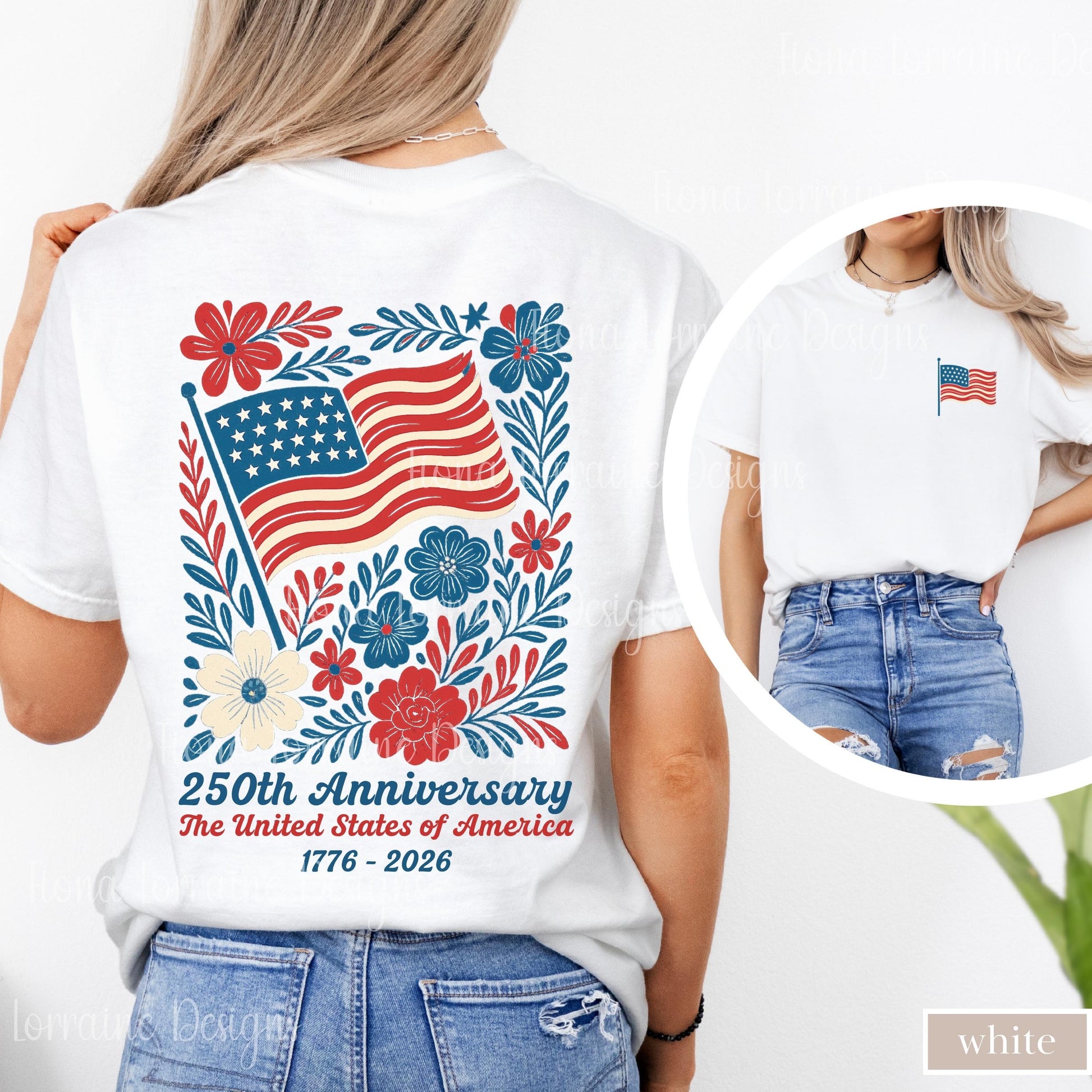 Comfort Colors USA 250th Anniversary Shirt 4th Of July Back Graphic Tee Boho Floral America T-Shirt American Flag 250 Independence Day Gift