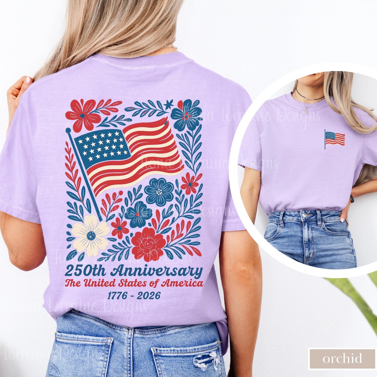 Comfort Colors USA 250th Anniversary Shirt 4th Of July Back Graphic Tee Boho Floral America T-Shirt American Flag 250 Independence Day Gift