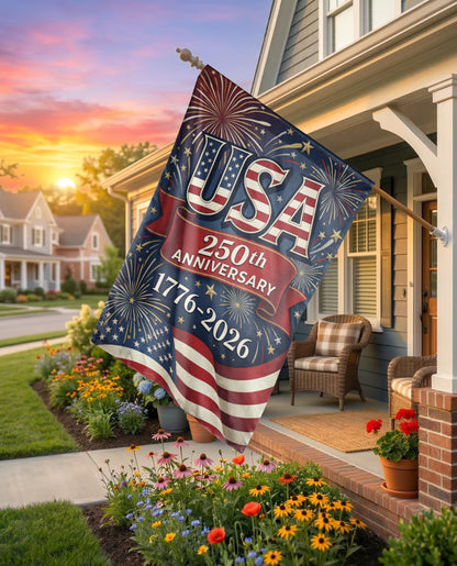 USA 250th Anniversary Garden Flag, 1776-2026 Patriotic Outdoor Decor, American Semiquincentennial Yard Banner, Fireworks & Flag Design