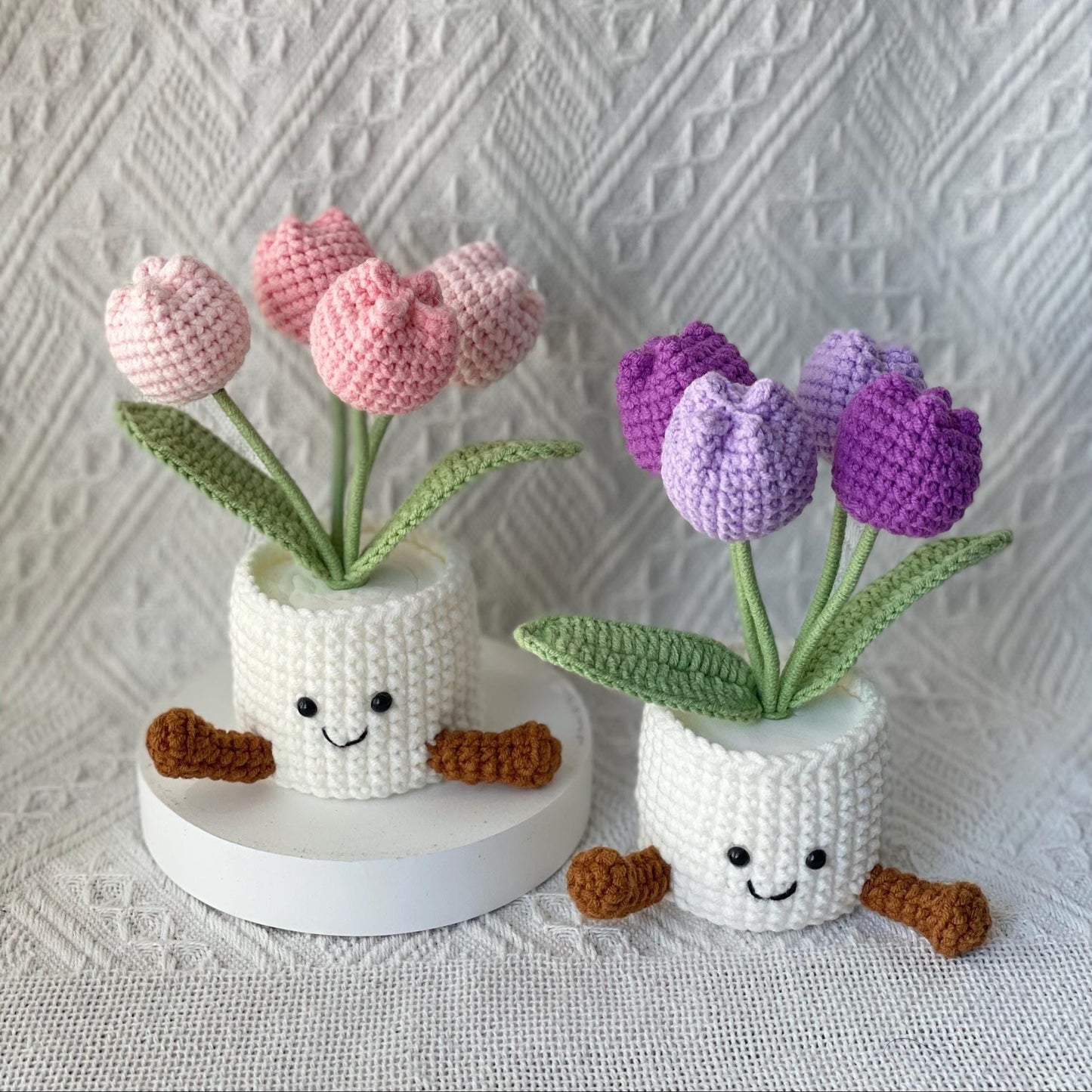 Handmade Crochet Tulip Flower Pot, Pink, Purple, Orange, Cute Gift for Mom, Girlfriend, Friend,Crochet Rose Bouquet, Birthday Gift