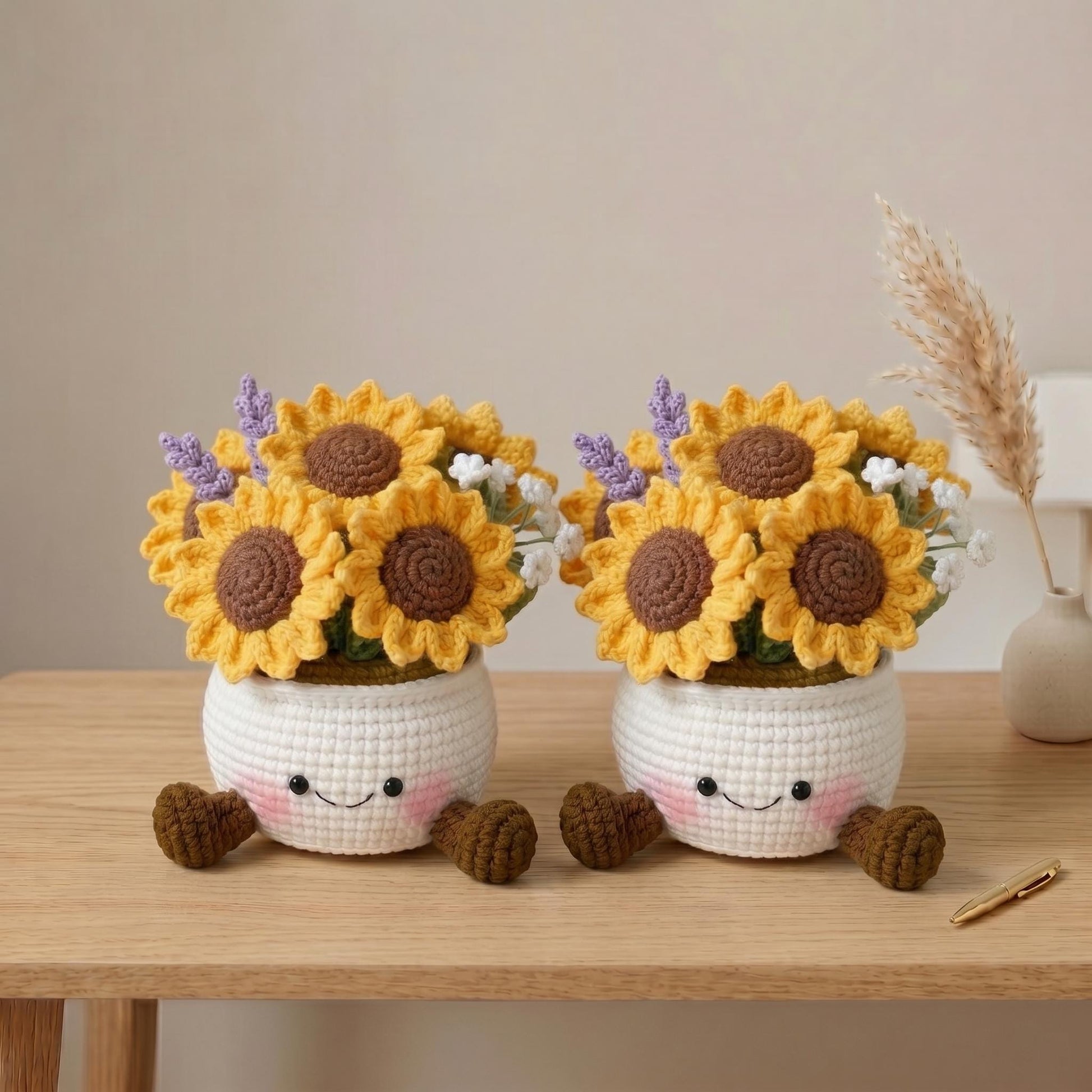 Crochet Smiling Sunflower Pot, Handmade Crochet Sunflower, Cute Desk - Home Decor, Gift for Mom & Girlfriend, Kawaii Flower Gift