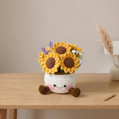 Crochet Smiling Sunflower Pot, Handmade Crochet Sunflower, Cute Desk - Home Decor, Gift for Mom & Girlfriend, Kawaii Flower Gift