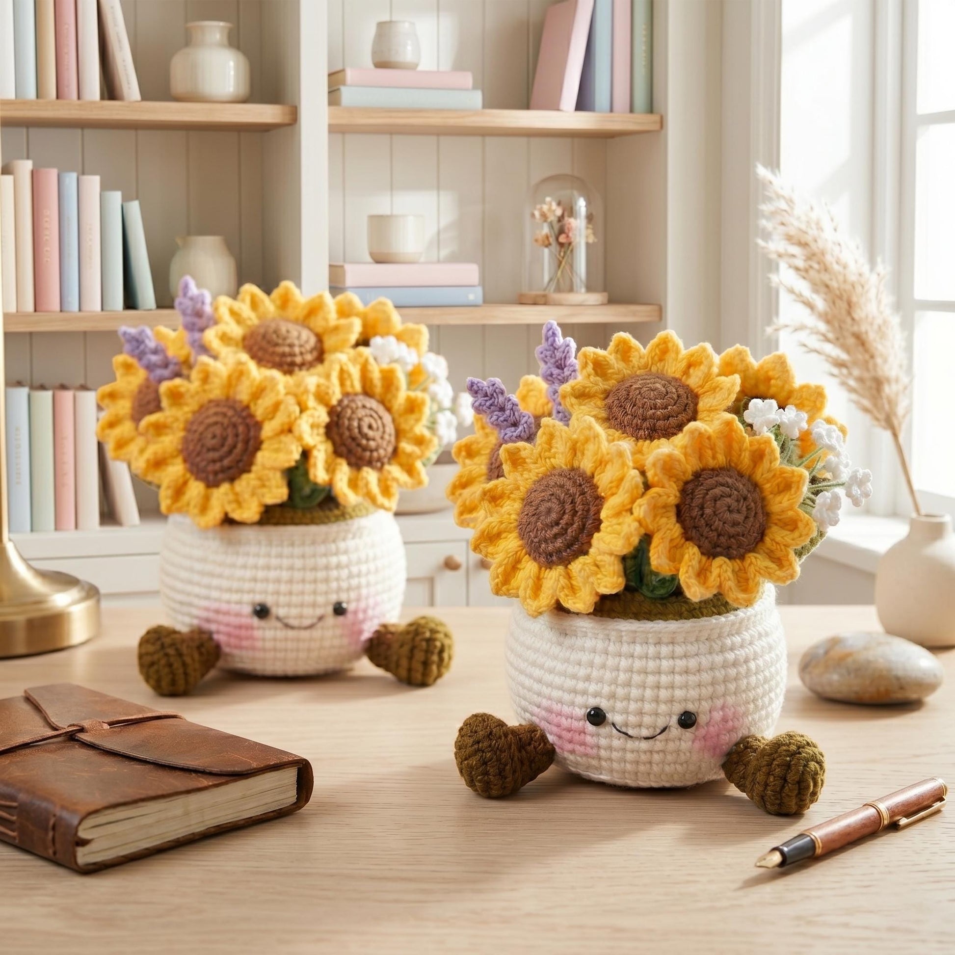Crochet Smiling Sunflower Pot, Handmade Crochet Sunflower, Cute Desk - Home Decor, Gift for Mom & Girlfriend, Kawaii Flower Gift