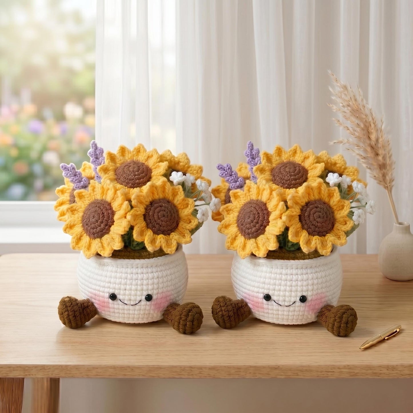 Crochet Smiling Sunflower Pot, Handmade Crochet Sunflower, Cute Desk - Home Decor, Gift for Mom & Girlfriend, Kawaii Flower Gift