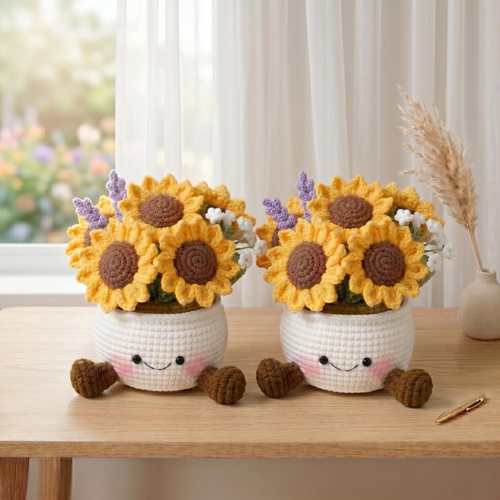 Crochet Smiling Sunflower Pot, Handmade Crochet Sunflower, Cute Desk - Home Decor, Gift for Mom & Girlfriend, Kawaii Flower Gift