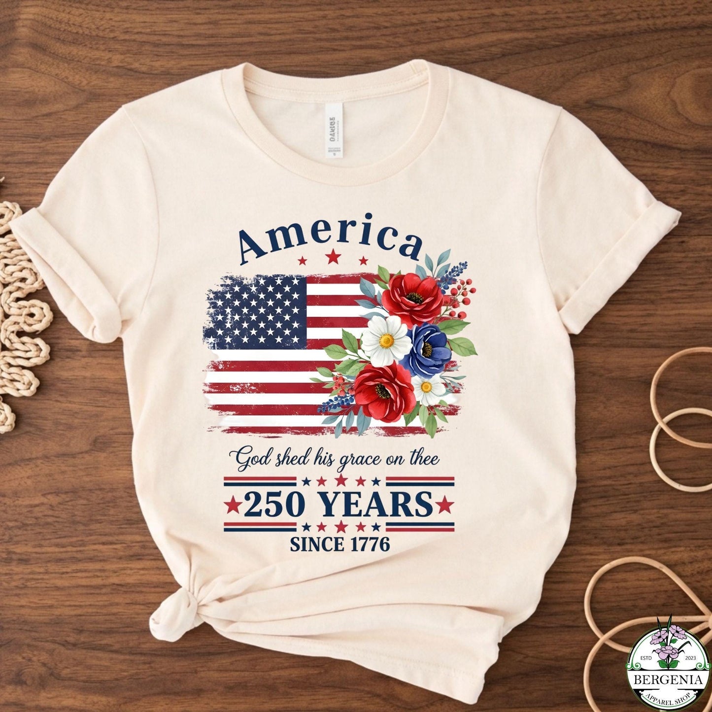 America 250 Years Flag Floral Graphic Shirt, 4th of July Patriotism Gift USA-Cottagecore, Celebrate 250th Anniversary Patriot Gifted Tee