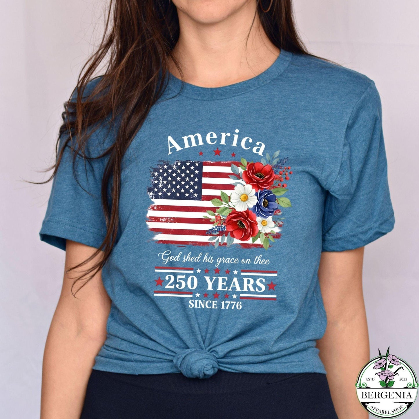 America 250 Years Flag Floral Graphic Shirt, 4th of July Patriotism Gift USA-Cottagecore, Celebrate 250th Anniversary Patriot Gifted Tee