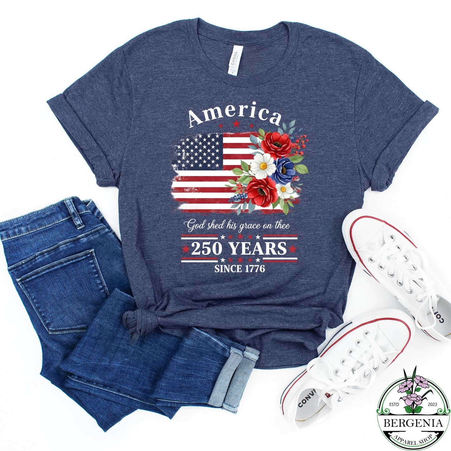America 250 Years Flag Floral Graphic Shirt, 4th of July Patriotism Gift USA-Cottagecore, Celebrate 250th Anniversary Patriot Gifted Tee