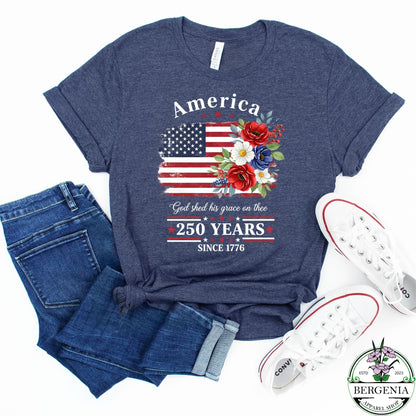 America 250 Years Flag Floral Graphic Shirt, 4th of July Patriotism Gift USA-Cottagecore, Celebrate 250th Anniversary Patriot Gifted Tee
