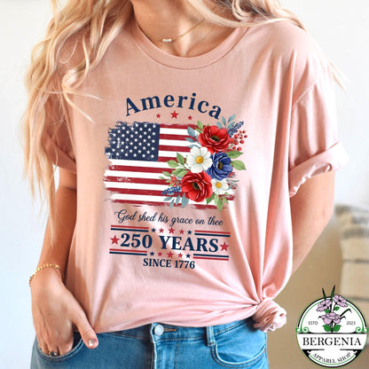 America 250 Years Flag Floral Graphic Shirt, 4th of July Patriotism Gift USA-Cottagecore, Celebrate 250th Anniversary Patriot Gifted Tee
