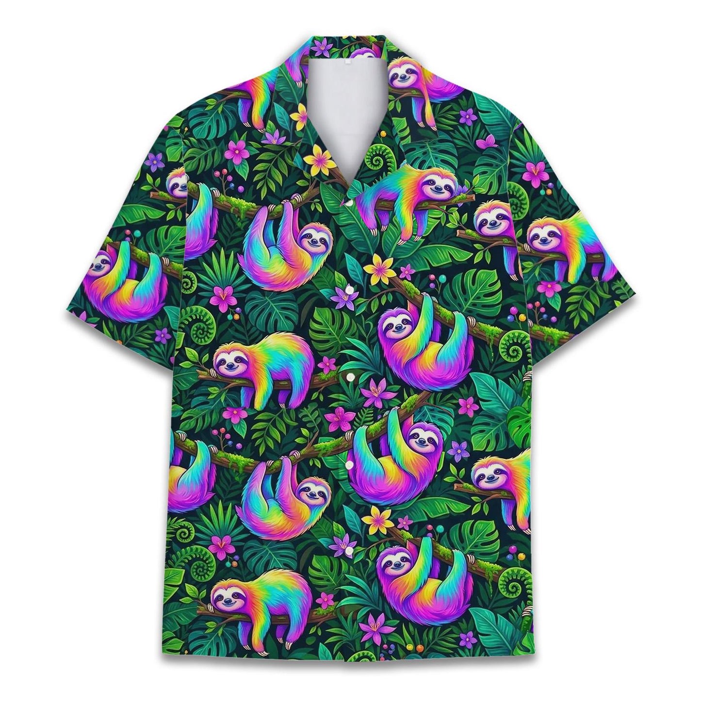 Cute Sloth Hawaiian Shirt for Men Women Youth, Rainbow Animal Jungle Aloha Button Up Shirt, Funny Tropical Vacation Outfit
