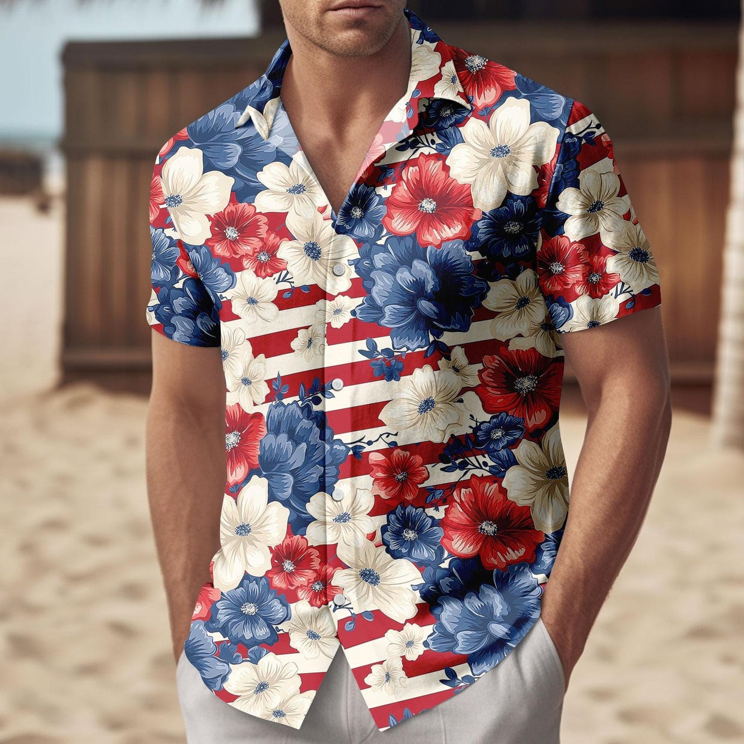 Patriotic US Flag Floral Hawaiian Shirt, American Fourth of July Beach Shirt, USA Aloha Button Shirt, Summer Beach Party Gift for Him