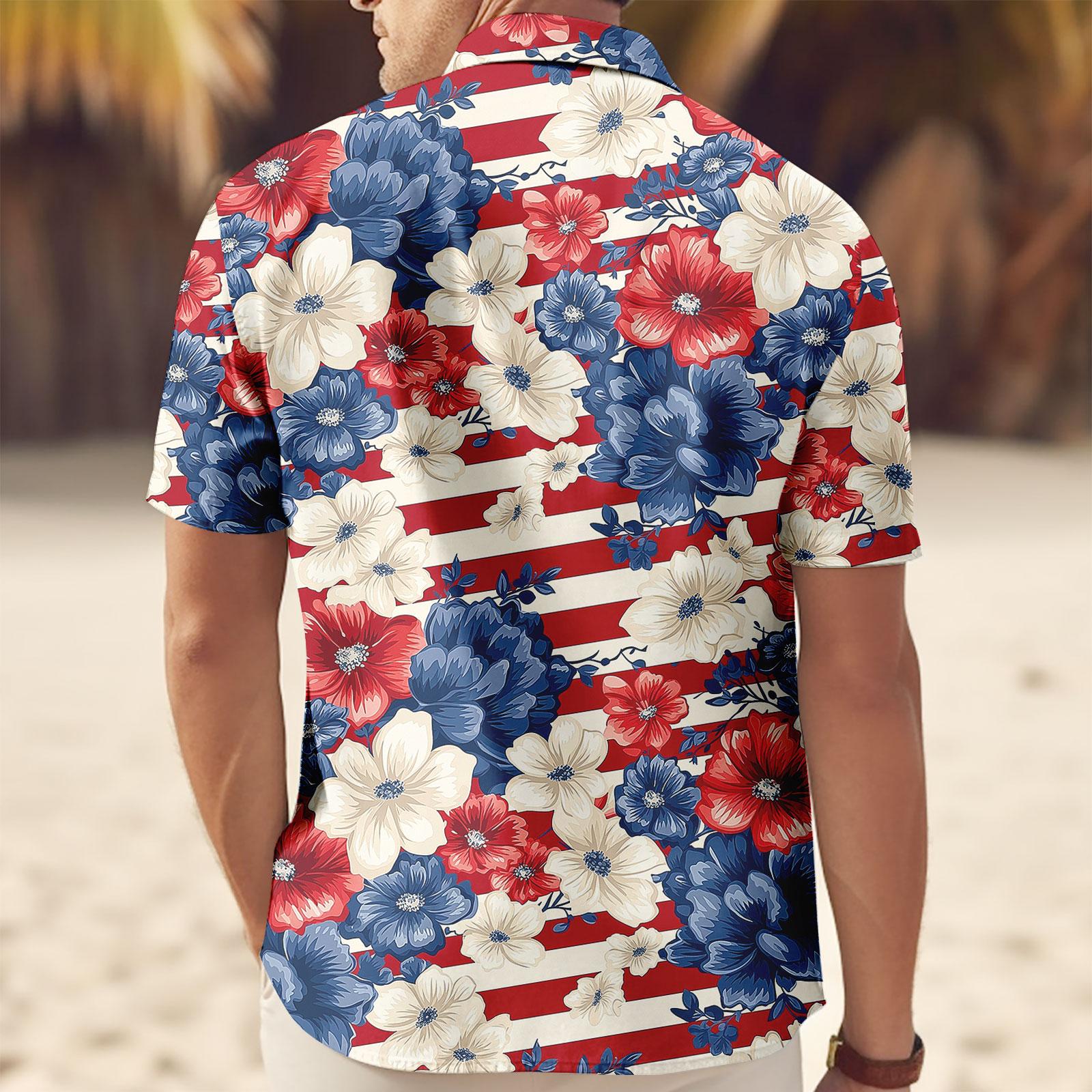 Patriotic US Flag Floral Hawaiian Shirt, American Fourth of July Beach Shirt, USA Aloha Button Shirt, Summer Beach Party Gift for Him